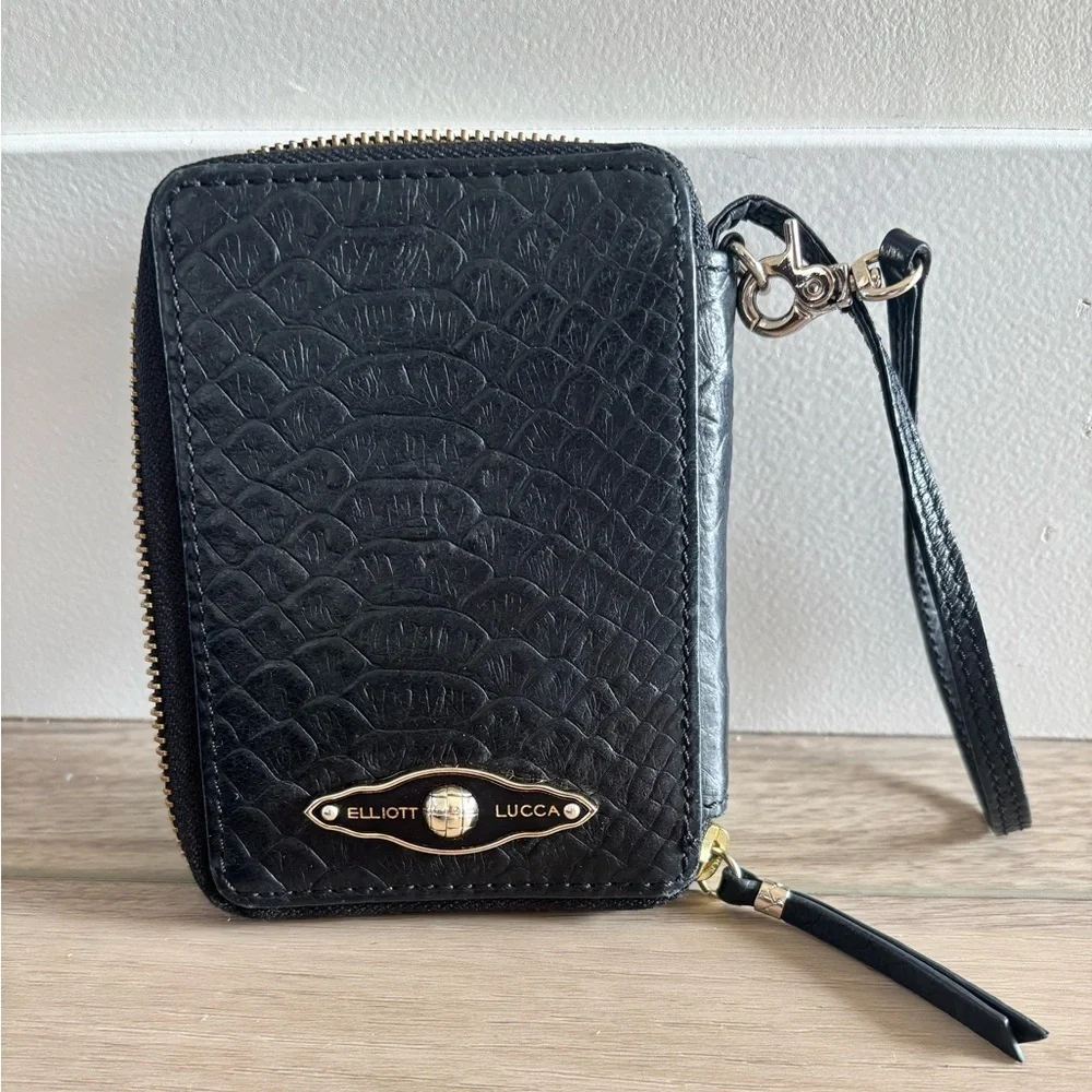 ELLIOTT LUCCA Women's Black Wristlet Leather Woven Zip Around Wallet Card Case